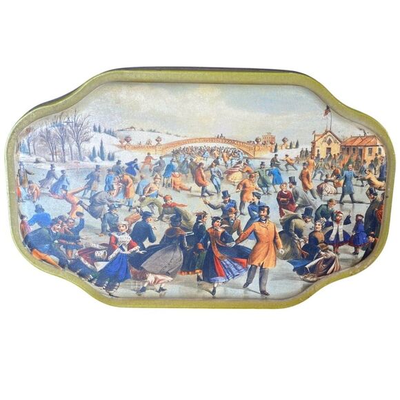 Vintage 1998 Currier & Ives Oval Tin Ice Skating Pond Scene Decorative Nostalgic - Picture 1 of 5